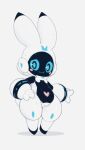  1girl animal_ears black_skin blue_eyes blue_sclera blush blush_stickers borrowed_character cleft_of_venus closed_mouth colored_sclera colored_skin commentary english_commentary flat_chest furry furry_female grey_background hand_on_own_hip heart humanoid_robot kekitopu looking_at_viewer multicolored_skin nervous nervous_smile original outstretched_arm pussy pussy_juice rabbit_ears rabbit_girl rabbit_tail robot robot_girl short_tail shortstack simple_background smile solo sweat tail thick_thighs thighs two-tone_skin uncensored white_skin wide_hips 