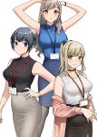  3girls :3 akaori_umeka armpits arms_up black_bow black_choker black_hair black_pantyhose black_shirt black_skirt blonde_hair blue_eyes blue_shirt blue_skirt blush bow breasts brown_eyes brown_skirt choker collared_shirt doushimasho earrings hair_bow hand_on_own_hip highres jewelry kaisha_no_senpai_akaori-san kirito_mihoko lanyard long_hair long_skirt long_sleeves looking_at_viewer medium_breasts mole mole_under_eye multiple_girls nail_polish pantyhose pink_shirt ponytail ribbed_shirt sawamoto_mikan shirt shirt_slip shirt_tucked_in short_hair side_slit skirt sleeveless sleeveless_shirt sleeveless_turtleneck tank_top tight_clothes tight_shirt turtleneck watch white_background white_tank_top wristwatch yellow_eyes 
