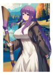  absurdres alan_(pixiv_16011384) autumn_leaves black_cloak breasts cloak commentary_request dress fern_(sousou_no_frieren) forest highres holding holding_staff lake landscape large_breasts leaf long_hair long_sleeves looking_at_viewer mage_staff mountain nature outdoors purple_eyes purple_hair sidelocks smile sousou_no_frieren staff standing very_long_hair white_dress 