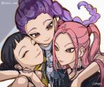  3girls arms_on_another&#039;s_shoulder artist_name black_choker black_hair black_shirt braid brown_eyes choker closed_eyes closed_mouth double_bun earrings friends group_hug hair_bun hair_up hashtag-only_commentary head_tilt heads_together highres hoop_earrings hug indoors jewelry kpop_demon_hunters light_smile long_braid long_hair looking_down looking_to_the_side mira_(kpop_demon_hunters) multiple_girls necklace parted_bangs pink_hair pink_lips purple_hair rainbow rumi_(kpop_demon_hunters) shade shirt short_bangs single_braid standing twintails twitter_username umin_168 zoey_(kpop_demon_hunters) 