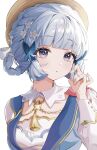  1girl blue_butterfly blue_dress blue_eyes blue_hair blunt_tresses braid braided_hair_rings brown_hat bug butterfly butterfly_hair_ornament butterfly_ring collar dress earmuffs earmuffs_around_neck flower genshin_impact geumxxi hair_flower hair_ornament hair_rings hand_in_own_hair hat hat_flower highres kamisato_ayaka kamisato_ayaka_(springbloom_missive) looking_at_viewer mole mole_under_eye neck_tassel official_alternate_costume official_alternate_hairstyle solo tassel upper_body white_background white_collar 