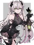  1girl black_dress breasts bug butterfly butterfly_on_hand cleavage colored_extremities detached_sleeves dress ear_piercing fate/grand_order fate_(series) green_eyes grey_hair hand_on_own_thigh highres kawairuka_ko leaning_forward lilith_(fate) lilith_(fgo_fes._2025)_(fate) medium_breasts piercing pointy_ears twintails 