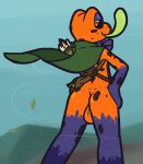 2025 amphibian anthro arrows backsack balls big_balls black_body black_sclera black_skin black_spots brown_pupils butt cape clothing frog genitals green_cape green_clothing half-closed_eyes hand_on_hip long_tongue looking_at_viewer looking_back male markings mostly_nude narrowed_eyes oak_daniel orange_balls orange_body orange_skin pupils purple_body purple_skin quiver_(object) smile smirk solo spots spotted_body spotted_skin tongue tongue_out ultilix wind yellow_eyes