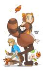  1girl 2boys :d :o ^_^ animal_costume animal_ears animal_hood apron artist_name blonde_hair blue_eyes blue_tunic blush boots braid brown_boots brown_gloves closed_eyes closed_mouth commentary_request crown_braid earrings fingerless_gloves gloves green_eyes green_toad_(mario) hair_ornament hairclip hand_up highres holding holding_leaf hood hood_up index_finger_raised jewelry korean_commentary layered_sleeves leaf link long_sleeves looking_at_viewer mario_(series) medium_hair multiple_boys open_mouth pants parted_bangs paw_pose pointy_ears ponytail princess_zelda raccoon_costume raccoon_ears raccoon_hood raccoon_tail rupee_(zelda) shirt short_hair short_over_long_sleeves short_sleeves sidelocks simple_background single_braid smile squatting ssuregigame standing super_leaf super_leaf_(transformation) sweatdrop tail the_legend_of_zelda the_legend_of_zelda:_tears_of_the_kingdom toad_(mario) tunic white_apron white_background white_pants white_shirt 