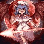  1girl ascot back_bow bat_wings blue_hair bow cloud collar fangs fio6786 frilled_collar frilled_socks frills hat hat_ribbon highres holding holding_polearm holding_weapon knee_up looking_down medium_hair mob_cap moon outdoors pink_hat pixel_art pointy_ears polearm puffy_short_sleeves puffy_sleeves red_ascot red_bow red_eyes red_moon remilia_day remilia_scarlet ribbon short_sleeves signature socks solo spear_the_gungnir touhou twitter_username weapon wings 