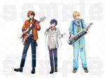  3boys :d alternate_costume aqua_eyes astel_leda belt belt_buckle black_hair black_pants black_shirt black_shoes black_socks blonde_hair blue_eyes blue_hair blue_jacket blue_pants blue_ribbon blue_shirt buckle buttons chain chain_necklace collared_shirt copyright_notice crew_neck cross-laced_shoes curtained_hair double-breasted floral_print full_body grin hair_between_eyes hair_ornament hair_ribbon heterochromia highres holding holding_instrument holding_microphone holostars instrument jacket jewelry keytar kishido_temma lapel_pin lapels layered_shirt lineup long_sleeves looking_at_object looking_at_viewer male_focus microphone mole mole_under_eye monk_shoes multicolored_hair multicolored_shoes multiple_boys music naruta_iyo necklace notched_lapels official_art open_clothes open_jacket open_shirt orange_belt orange_eyes orange_hair orange_jacket pants parted_bangs patterned_clothing playing_guitar playing_instrument print_shirt purple_eyes purple_pants ribbon sample_watermark shirt shirt_tucked_in shoes short_hair singing sleeves_rolled_up smile socks standing star_(symbol) star_button star_hair_ornament starry_hair streaked_hair suntempo two-tone_shoes untucked_shirt virtual_youtuber watermark watermark_grid white_background white_shirt wing_collar yellow_shirt yellow_shoes yukoku_roberu 