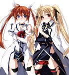  2girls black_bow black_dress black_gloves black_thighhighs blonde_hair blue_eyes blue_sleeve_cuffs blush bow bowtie breasts brown_hair buttons closed_mouth coat coat_on_shoulders collared_coat collared_shirt commentary commission covering_privates cowboy_shot dress embarrassed eyelashes fate_testarossa fate_testarossa_(impulse_form) fingerless_gloves frown gloves hair_between_eyes hair_bow hand_on_own_chest highres juliet_sleeves lapels legs_apart light_particles long_dress long_hair long_sleeves looking_at_viewer lyrical_nanoha magical_girl mahou_shoujo_lyrical_nanoha_strikers miniskirt misteor multiple_girls notched_lapels open_clothes open_coat pleated_skirt puffy_sleeves red_bow red_bowtie red_eyes shirt simple_background single_bare_shoulder skeb_commission skirt sleeve_cuffs sleeves_past_wrists standing takamachi_nanoha takamachi_nanoha_(aggressor_mode) tareme thighhighs torn_clothes torn_coat torn_dress torn_shirt torn_thighhighs twintails white_background white_bow white_coat white_shirt white_skirt white_thighhighs 