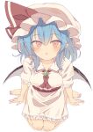  1girl absurdres ascot barefoot bat_wings blue_hair blush breasts brooch collared_shirt commentary fang frilled_shirt_collar frilled_skirt frills hat hat_ribbon highres jewelry long_hair looking_at_viewer mob_cap open_mouth pointy_ears red_ascot red_eyes red_ribbon remilia_day remilia_scarlet ribbon seika_okawari shirt simple_background sitting skin_fang skirt solo toes touhou wariza white_background white_hat white_shirt white_skirt wings 