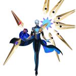  1boy armor blue_eyes blue_hair bracer colored_skin dark-skinned_male dark_skin earrings elbow_gloves fate/grand_order fate_(series) floating floating_object floating_weapon full_body game_cg gloves grey_skin hair_slicked_back highres indian_clothes indra_(fate) jewelry lightning_bolt_facial_mark looking_at_viewer male_focus multicolored_hair official_art pako_(pakosun) pants shoes short_hair smile solo standing streaked_hair tachi-e third-party_source transparent_background white_hair 