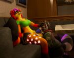 5_fingers animal_genitalia animal_penis anthro baldur_(siggioi) big_penis black_body black_fur black_tail blue_genitalia blue_penis blush bodily_fluids breasts brown_hair clothed clothed_anthro clothing clothing_pull desk equine_genitalia equine_penis eye_roll eyes_closed fingers fluffy fluffy_tail fur furniture genitals glowing glowing_eyes golden_claws green_eyes grey_body grey_fur hair hand_on_head hand_on_leg hand_on_thigh hi_res kvn_poulsen kvnpoulsen leaning leaning_backward leaning_forward looking_pleasured mammal multicolored_body multicolored_fur multicolored_tail on_kness on_sofa onomatopoeia open_mouth oral oral_penetration orange_body orange_fur orange_tail partners penetration penis procynoid procyonid public purple_eyes purple_hair purple_tongue raccoon red_body red_ears red_fur red_hair red_tail restaurant saliva saliva_on_penis saliva_string sitting sitting_on_sofa smile sofa sound_effects table tail text tongue under_table under_table_oral yellow_body yellow_ear_fluff yellow_fur yellow_tail