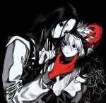  2boys androgynous black_background black_eyes black_hair blue_eyes brothers child colored_extremities distress empty_eyes highres hunter_x_hunter illumi_zoldyck killua_zoldyck kurotani_(alien_cat25) layered_sleeves long_hair long_sleeves male_focus multiple_boys no_mouth partially_colored red_hands scared short_hair short_over_long_sleeves short_sleeves siblings sweat twitter_username white_hair 