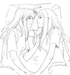 2girls blush closed_mouth commentary_request eye_contact fujino_shizuru greyscale guri_gom hand_on_another&#039;s_head highres holding_hands korean_commentary korean_text kuga_natsuki long_hair looking_at_another lying monochrome multiple_girls my-hime on_bed on_side pillow short_sleeves smile translation_request yuri 