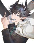  1boy antenna_hair black_hair black_horns black_shirt blue_eyes blue_necktie chromatic_aberration collared_shirt commentary earrings fang gold_trim hand_up highres horns jacket jacket_on_shoulders jewelry kaohom503 lapels looking_at_viewer male_focus multiple_earrings necktie nijisanji nijisanji_en open_mouth pointy_ears ren_zotto ren_zotto_(1st_costume) ring shirt short_hair simple_background smile solo teeth upper_body virtual_youtuber white_background white_jacket wing_collar 