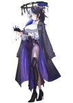  1girl absurdres adjusting_clothes adjusting_gloves alternate_costume black_choker black_coat black_gloves black_hair black_halo black_skirt boots choker closed_mouth coat coat_on_shoulders collared_shirt gloves halo high_heel_boots high_heels highres hololive hololive_english liquid_halo monocle multicolored_hair shiori_novella shirt side_slit simple_background single_thigh_boot skirt solo split-color_hair thigh_boots two-tone_hair virtual_youtuber white_background white_hair white_shirt yellow_eyes yorn_(yor_n) 