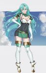  1girl aqua_hair armor blush boots bow braid breastplate breasts chloe_(fire_emblem) cleavage closed_mouth dress earrings elbow_gloves fire_emblem fire_emblem_engage gloves green_eyes highres jewelry large_breasts long_hair looking_at_viewer shoulder_armor side_braid smile solo tarutaru193 thigh_boots very_long_hair white_boots white_gloves 