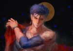  1boy black_background blue_hair bracelet closed_eyes cu_chulainn_(fate) cu_chulainn_(fate/stay_night) detached_sleeves earrings fate/grand_order fate_(series) highres jewelry male_focus necklace nipples qi_(kirklanqi) solo upper_body 