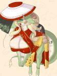2025 3_toes anthro big_breasts biped blonde_hair blue_eyes blush breasts claws clothed clothed_anthro clothed_female clothing coel_(artist) countershade_scales countershade_torso countershading digital_media_(artwork) dragon feet female finger_claws fingers front_view green_body green_scales green_tail hair hat headgear headwear hi_res leaning leaning_forward looking_at_viewer mythological_creature mythological_scalie mythology nipple_outline nipples non-mammal_breasts non-mammal_nipples open_mouth scales scalie simple_background solo standing tail teeth thick_thighs toes tongue wide_hips yellow_sclera