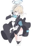  apron black_gloves black_thighhighs blonde_hair blue_archive blue_eyes fingerless_gloves gloves hakuaiiii highres maid maid_apron maid_headdress simple_background thigh_strap thighhighs thighs toki_(blue_archive) white_apron white_background white_headdress 