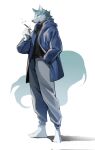 anthro athletic athletic_anthro athletic_male biped black_clothing black_nose black_shirt black_topwear blue_body blue_clothing blue_coat blue_eyes blue_fur blue_jacket blue_topwear bottomwear brand_new_animal canid canine canis cheek_tuft cigarette clothed clothing coat dxmdwq764027 facial_tuft footwear fur grey_bottomwear grey_clothing grey_pants hand_in_pocket hi_res holding_cigarette holding_object humanoid_hands jacket long_pants looking_aside male mammal multicolored_body multicolored_fur pants pockets shirou_ogami shirt shoes simple_background smoke smoking solo standing studio_trigger tail topwear tuft two_tone_body two_tone_fur white_body white_bottomwear white_clothing white_footwear white_fur white_pants white_shoes wolf