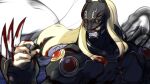  1boy black_bodysuit black_nails blonde_hair blood blood_on_hands bodysuit botati fate/grand_order fate_(series) highres long_hair long_sleeves male_focus mask nahui_mictlan_(fate/grand_order) smoke solo tezcatlipoca_(fate) upper_body white_background 