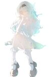  1girl absurdres alternate_costume aqua_dress blue_ribbon blush breasts brown_hairband brown_shoes cleavage collarbone dress firefly_(honkai:_star_rail) frilled_dress frilled_socks frills gradient_hair green_pupils hair_ornament hair_ribbon hairband hands_on_own_face highres honkai:_star_rail honkai_(series) hua_(yijing) long_hair multicolored_eyes multicolored_hair off-shoulder_dress off_shoulder ribbon shoes socks solo white_socks 