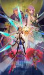  2girls 6+boys absurdres armor armored_dress artoria_caster_(fate) artoria_caster_(third_ascension)_(fate) artoria_pendragon_(fate) bb_(fate) bb_dubai_(fate) beyond_birthday bibi_(ressue_(gomgom)) blonde_hair blue_background blue_eyes dress earth_(planet) fate/grand_order fate_(series) glasses green_eyes highres jacket long_hair multiple_boys multiple_girls nuo_suan_cai_xiao_long_bao planet red_eyes ribbon short_hair 