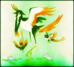  1girl 2others animal_ears bird bird_legs child closed_eyes closed_mouth expressionless feathered_wings feathers flying green_feathers green_hair harpy human_head isaki_(shimesaba) kalavinka lily_pad long_hair monster_girl multicolored_feathers multicolored_hair multiple_others orange_feathers orange_hair orange_tail orange_wings original size_difference solo white_feathers white_wings wings 