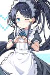  1girl ;) absurdly_long_hair absurdres apron aqua_background aqua_eyes aris_(blue_archive) aris_(maid)_(blue_archive) black_dress black_wrist_cuffs blue_archive blue_ribbon blush closed_mouth collared_dress commentary contrast_collar dress floating_hair frilled_apron frills hair_behind_ear hair_tie heart heart_hands high_ponytail highres long_hair long_sidelocks looking_at_viewer maid maid_apron maid_headdress mltsora neck_ribbon official_alternate_costume official_alternate_hairstyle one_eye_closed outline parted_bangs pixel_heart ponytail puffy_short_sleeves puffy_sleeves ribbon short_sleeves sidelocks simple_background smile solo sparkle split_mouth two-tone_background very_long_hair white_apron white_background white_headdress white_outline wrist_cuffs 