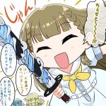  3girls :d ^_^ bamboo blue_dress braid breast_pocket brown_hair center-flap_bangs chesto_(phrase) closed_eyes cosplay dress facing_viewer hair_ornament hasu_no_sora_school_uniform hinoshita_kaho holding holding_sword holding_weapon jitome kachimachi_kosuzu kamado_nezuko kamado_nezuko_(cosplay) kamado_tanjirou katana kimetsu_no_yaiba link!_like!_love_live! long_hair looking_at_another love_live! momose_ginko multiple_girls navyblue_konjac neckerchief open_mouth pocket puffy_short_sleeves puffy_sleeves rabbit_hair_ornament sailor_collar school_uniform short_sleeves side_braids simple_background smile solo_focus speech_bubble summer_uniform sword translation_request two_side_up virtual_youtuber weapon white_background white_sailor_collar yellow_neckerchief 