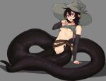  arm_support black_hair breasts censored commission face_piercing full_body grey_background grey_hat hat highres jewelry lamia lip_piercing medium_hair monster_girl open_mouth original pentagram piercing pointless_censoring pointy_ears purple_eyes pussy ring simple_background small_breasts todding witch_hat 