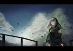  1girl :o armband bangs black_legwear brown_hair commentary_request floating floating_hair girls_frontline gloves grey_hair hair_between_eyes hair_ornament hairband huang_quan_soul jacket long_hair long_sleeves looking_up open_mouth pantyhose simple_background sky solo ump40_(girls_frontline) yellow_eyes 