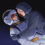  2girls blue_eyes commentary crying english_commentary eye_contact grey_eyes gundam gundam_suisei_no_majo hand_on_another&#039;s_shoulder helmet highres looking_at_another miorine_rembran multiple_girls red_hair smile space space_helmet spacesuit suletta_mercury tanukimo_imo tears thick_eyebrows white_hair yuri 