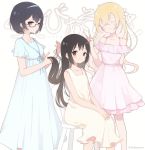  ^_^ asobi_asobase bare_shoulders black_hair blonde_hair blue_eyes breasts brown_eyes captain_yue chair closed_eyes dress eyebrows_visible_through_hair eyelashes frilled_skirt frills glasses gown hair_between_eyes hairband holding_another's_hair honda_hanako logo long_hair looking_at_viewer medium_breasts multiple_girls nomura_kasumi olivia_(asobi_asobase) ribbon short_hair short_sleeves sitting skirt smile standing twitter_username v very_long_hair wavy_hair 