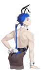  1boy absurdres animal_ears ass back bara black_leotard blue_hair brown_pantyhose cropped_legs crossdressing crossdressing_(mtf) cu_chulainn_(fate) cu_chulainn_(fate/stay_night) fake_animal_ears fake_tail fate/grand_order fate_(series) from_behind hair_tubes hand_on_own_hip highres leotard long_hair looking_back male_focus male_playboy_bunny muling_0v0 muscular muscular_male pantyhose ponytail profile rabbit_ears rabbit_tail red_eyes simple_background single_hair_tube solo strapless strapless_leotard tail white_background wrist_cuffs 