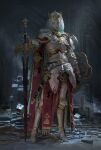  1girl absurdres arm_at_side armor black_blade blood blood_on_armor blood_on_weapon boots breastplate cape chipped_sword closed_mouth contrapposto cross crown cuisses fantasy faulds full_body fur_trim gauntlets greatsword greaves high_heel_boots high_heels highres holding holding_shield holding_sword holding_weapon indoors knight legs_apart light_rays lips looking_at_viewer makeup nose original ornate_armor ornate_weapon pauldrons poleyn pouch realistic ruanjia rubble ruins sabaton sheath sheathed shield short_sword shoulder_armor solo standing strap sunbeam sunlight sword tassets veil weapon white_eyes 