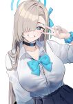  1girl absurdres asuna_(blue_archive) asuna_(school_uniform)_(blue_archive) asymmetrical_bangs black_choker black_skirt blonde_hair blue_archive blue_bow blue_bowtie blue_eyes blue_halo blue_ribbon blue_scrunchie bow bowtie breasts button_gap choker commentary_request grin hair_over_one_eye hair_ribbon halo highres large_breasts long_hair looking_at_viewer loose_bowtie nakano_kura pleated_skirt ribbon school_uniform scrunchie shirt skirt smile solo teeth v very_long_hair white_shirt wrist_scrunchie 