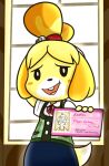 2019 4_fingers animal_crossing anthro bangs bell_hair_tie black_eyes black_nose blonde_hair blue_bottomwear blue_clothing blue_skirt bottomwear bow_tie brown_wall button_(fastener) canid canine canis clothed clothed_anthro clothed_female clothing colored cookieboy011 digital_drawing_(artwork) digital_media_(artwork) dipstick_tail domestic_dog english_description facial_markings female female_anthro fingers fully_clothed fully_clothed_anthro fully_clothed_female fur green_clothing green_topwear green_vest hair half-length_portrait hand_behind_head head_markings holding_card inside isabelle_(animal_crossing) mammal markings multicolored_hair nintendo open_mouth open_smile orange_hair pattern_clothing pattern_topwear pattern_vest plaid plaid_clothing plaid_topwear plaid_vest pockets ponytail portrait presenting pupils red_bow_tie red_hair_tie shaded shih_tzu shirt skirt smile smiling_at_viewer solo standing story story_in_description tail tail_markings topwear toy_dog two_tone_hair two_tone_tail vest villager_(animal_crossing) wall_(structure) white_clothing white_markings white_pupils white_shirt white_tail_tip white_topwear window wood wood_wall yellow_body yellow_fur yellow_tail
