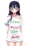  1girl ao_tanuki arms_behind_back bare_shoulders black_hair blush boku_no_kokoro_no_yabai_yatsu brown_eyes collarbone commentary cowboy_shot highres long_hair looking_at_viewer mole mole_on_neck multiple_drawing_challenge multiple_moles oversized_clothes oversized_shirt parted_lips print_shirt shirt simple_background solo symbol-only_commentary thighs twitter_cutting_game white_background white_shirt yamada_anna 