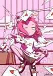  1girl angel angel_wings bag cigarette city cloud halo hand_on_own_knee hashtag-only_commentary highres holding holding_cigarette jonkumason love_letter one_eye_closed original pink_hair pink_sky print_shirt shirt shoes short_sleeves shorts signature sitting sky solo t-shirt white_wings wind wings 