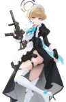 1girl absurdres apron black_dress black_panties blonde_hair blue_archive blue_bow blue_eyes boots bow closed_mouth clothes_lift dress gun h&amp;k_mp7 hair_bun handgun heine_(haloo1101) high_heel_boots high_heels highres holding holding_gun holding_weapon holster looking_at_viewer maid maid_apron maid_headdress microphone panties skirt skirt_lift solo submachine_gun thigh_boots thigh_holster toki_(blue_archive) underwear weapon white_apron white_boots 