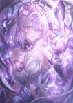  1girl absurdres armpit_crease bare_shoulders black_tiara bow breasts bug butterfly castorice_(honkai:_star_rail) commentary dress elbow_gloves flower gloves hair_bow hair_flower hair_ornament hand_up hashtag-only_commentary highres honkai:_star_rail honkai_(series) long_hair looking_at_viewer medium_breasts parted_lips pink_flower pointy_ears por_(_por_tt) purple_bow purple_butterfly purple_eyes purple_gloves purple_hair purple_theme sidelocks solo tiara upper_body very_long_hair white_dress 