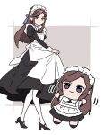  1girl alternate_costume apron apron_hold black_dress black_shoes border bow brown_hair character_doll closed_mouth doll dress enmaided full_body grey_background hair_bow hand_up high_heels ito_fumi juliet_sleeves long_hair long_sleeves looking_at_viewer maid maid_headdress motion_lines outside_border pantyhose parted_bangs puffy_sleeves purple_bow purple_eyes shoes shoujo_kageki_revue_starlight simple_background smile solo standing stuffed_toy tendou_maya white_apron white_border white_pantyhose 
