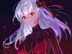  1girl black_background black_dress body_markings breasts colored_extremities corruption crying dark_persona dark_sakura dress fate/stay_night fate_(series) floating floating_hair gradient_background hair_ribbon heaven&#039;s_feel kuzuvine large_breasts long_hair long_sleeves matou_sakura purple_eyes red_background red_eyes red_ribbon ribbon shadow smile solo striped_clothes striped_dress teeth underlighting vertical-striped_clothes vertical-striped_dress white_hair 