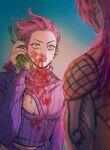  2boys alrlmigi animal blood blood_from_mouth blood_on_clothes blood_on_face braid cleavage_cutout clothing_cutout commentary_request crop_top diavolo fishnet_top fishnets freckles frog highres holding holding_animal holding_frog jojo_no_kimyou_na_bouken korean_commentary long_hair long_sleeves looking_at_another male_focus midriff multiple_boys nosebleed pectoral_cleavage pectorals pink_hair purple_sweater ribbed_sweater sweater turtleneck turtleneck_sweater v-shaped_eyebrows vento_aureo vinegar_doppio yellow_eyes 