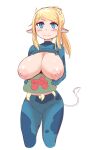  1girl adapted_costume alternate_breast_size animal_ears blonde_hair blue_eyes blush breasts burunpuku cow_ears cow_girl cow_horns cow_tail creature cropped_legs highres holding holding_creature horns huge_breasts lactation medium_hair metroid metroid_(creature) samus_aran simple_background solo tail white_background zero_suit 