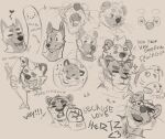 anthro bodily_fluids canid canine chumbasket closed_smile drooling duo eyes_closed felid hair hybrid hyena looking_at_viewer male male_anthro mammal monochrome mouth_closed mustelid open_mouth open_smile otter pantherine punch saliva short_hair simple_background simple_eyes sketch sketch_page smile solo tiger whiskers