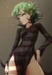  1girl black_dress breasts closed_mouth collarbone contrapposto covered_navel cowboy_shot curly_hair dress green_eyes green_hair grey_background hand_on_own_hip highres looking_at_viewer one-punch_man pelvic_curtain popped_collar short_hair side_slit simple_background small_breasts srlmao standing tatsumaki taut_clothes taut_dress thighs v-shaped_eyebrows 