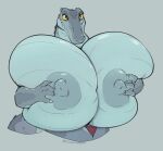 anthro areola big_breasts blue_body blue_scales breasts cashmeremoo claws clothing crocodile crocodilian female holding_breast huge_breasts nipples non-mammal_breasts non-mammal_nipples panties red_clothing red_panties red_underwear reptile scales scalie sharp_teeth solo tail teeth tethys_(cashmeremoo) underwear yellow_eyes