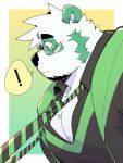  ! 1boy absurdres animal_ears bara black_shirt blush closed_mouth clothes_grab english_commentary furry furry_male glasses green_fur green_necktie greenypika highres indie_virtual_youtuber kokukokuboo looking_to_the_side male_focus necktie necktie_grab neckwear_grab panda_boy panda_ears pectoral_cleavage pectorals second-party_source shirt speech_bubble spoken_exclamation_mark striped_necktie white_fur 