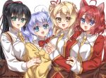  4girls :d ahoge amagiri_yune amairo_islenauts animal_ears between_breasts black_hair blue_eyes blunt_bangs bow bowtie braid breasts brown_corset butterfly_hair_ornament cardigan collared_shirt commentary_request corset cowboy_shot crown_braid eyes_visible_through_hair fang flower fuyukichi_(nikoniko1567) green_eyes hair_between_eyes hair_flower hair_ornament hair_ribbon hand_up happy highres holding_hands jacket large_breasts long_hair looking_at_viewer masaki_gaillard medium_hair multiple_girls necktie necktie_between_breasts one_side_up open_cardigan open_clothes open_jacket open_mouth ponytail red_bow red_bowtie red_hair red_jacket red_ribbon ribbon school_uniform shiraga_airi shirley_warwick shirt side-by-side simple_background sleeves_past_wrists smile steepled_fingers straight_hair tail tail_raised twintails twitter_username very_long_hair white_background white_flower white_shirt wolf_ears wolf_girl wolf_tail x_hair_ornament yellow_cardigan yellow_eyes yellow_necktie 
